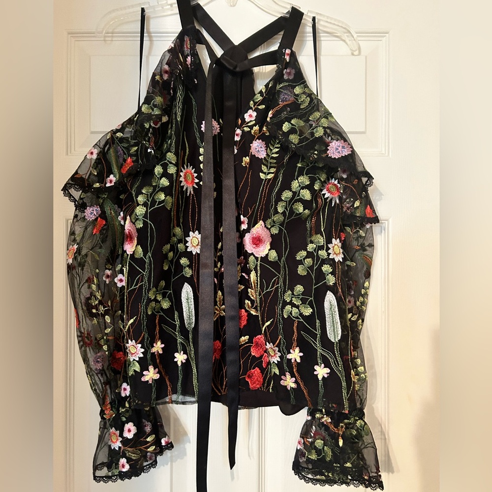 Alexis black embroidered cold shoulder top with ribbon tie